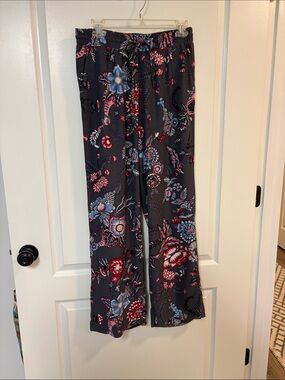 LOFT Gray Wide-Leg Floral Drawstring Pants